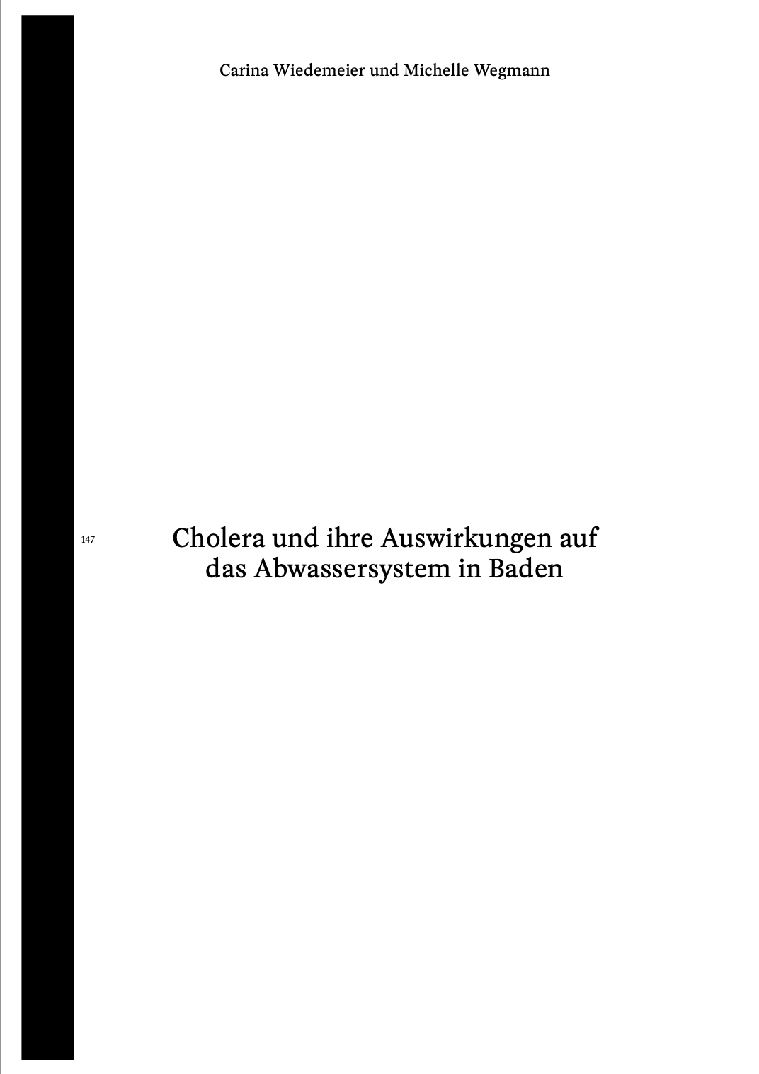 Titelblatt «Cholera und ihre Auswirkungen auf das Abwassersystem in Baden»